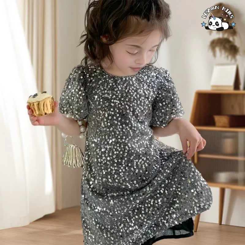 LEZONKIDS - 2024 New Fashion Spring and Summer Puff Sleeve Girl Dress Gray Sequined Girl Dress Zipper Girl Dress